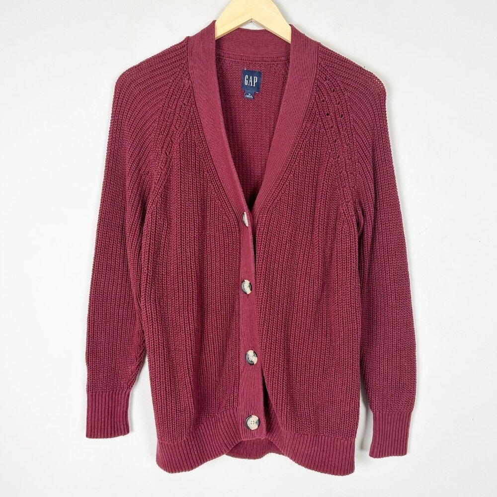 Gap Deep Red Fisherman Cardigan Sweater Button Front Relaxed Size Medium Women's